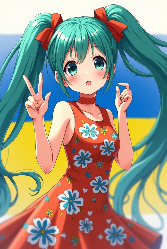 Hatsune Miku with a 60s flowerpower dress, hippie cord, making the peace and love symbol with a hand, perfect and balanced draw hands, at the background the flags of Russia and Ukraine