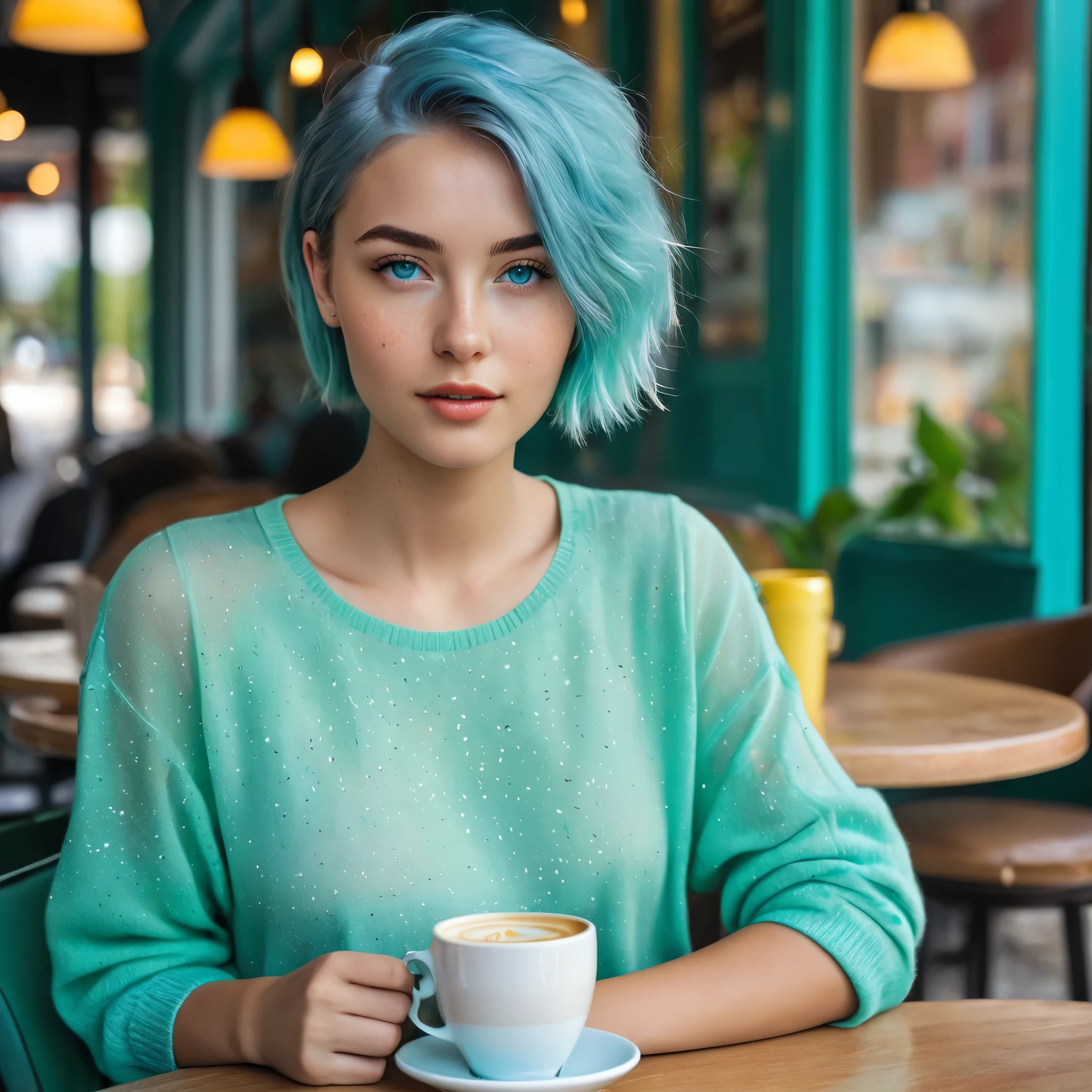 Woman 20 Years Old Nordic Ethnicity, short blue hair with a perfect face and light freckles, Blue-Green Eyes, NovaiBrew at a chic café, enjoying a coffee. The focus is on the coffee and her stylish outfit, with the background slightly blurred to keep the attention on her. ((Color palette - turquoise, neon green, yellow shades))