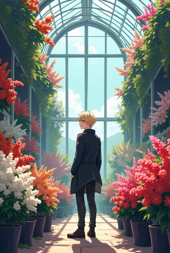 extremely delicate and beautiful, Amazing, finely detail, masterpiece, ultra-detailed, highres,best illustration, best shadow,intricate,sharp focus, high quality, 1male, solo, blond hair. red eyes, kaveh genshin impact, glass greenhouse, flowers in pots, flowers for sale, man looking at flowers, flowers everywhere