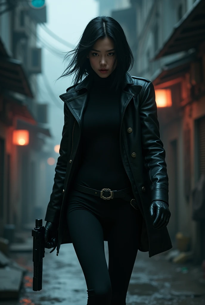 A girl agent in black clothes,Korean , hourglass figure 