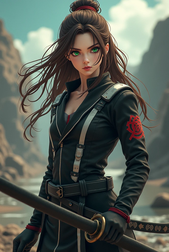 A girl with wavy brown hair and green eyes, White skin, wearing a black suit with white and red, and brandishing a black katana (Naruto anime style)