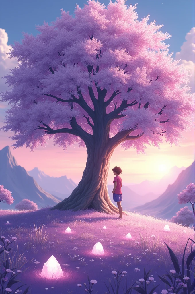 The surrounding scenery is large mountains far away from the large central tree with leaves and flowers in shades of lilac and white., the lilac colored grass along with the flowers on it, around the big tree there are small white crystals floating, the creator with medium curly hair, brown skin and black eyes is interacting with one of the small crystal banks, being seen from afar, anime styling, with a beautiful sunset