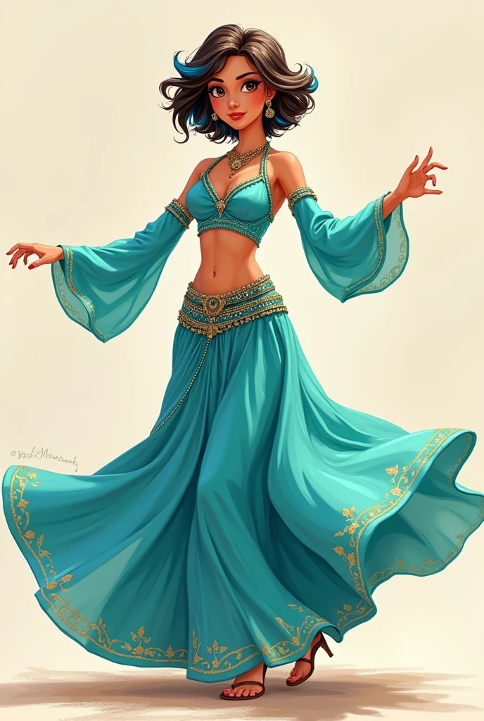 ((art animation 2D)) 20 year old woman with short wavy brown hair with dark blue dyed tips, with blue skin, Brown eyes, with good body, wearing a turquoise Arabic dancer costume, dancing