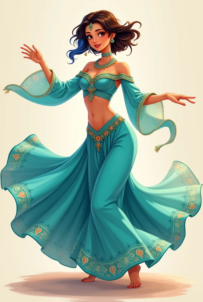 ((art animation 2D)) 20 year old woman with short wavy brown hair with dark blue dyed tips, with blue skin, Brown eyes, with good body, wearing a turquoise Arabic dancer costume, dancing