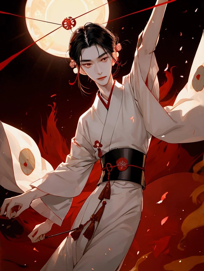 In a traditional Japanese theater, a slender young man, dressed in kabuki attire, with waist-length raven hair, pale-rosy skin, and striking brown eyes, embodies elegance and grace as he moves gracefully under the dimly lit stage.