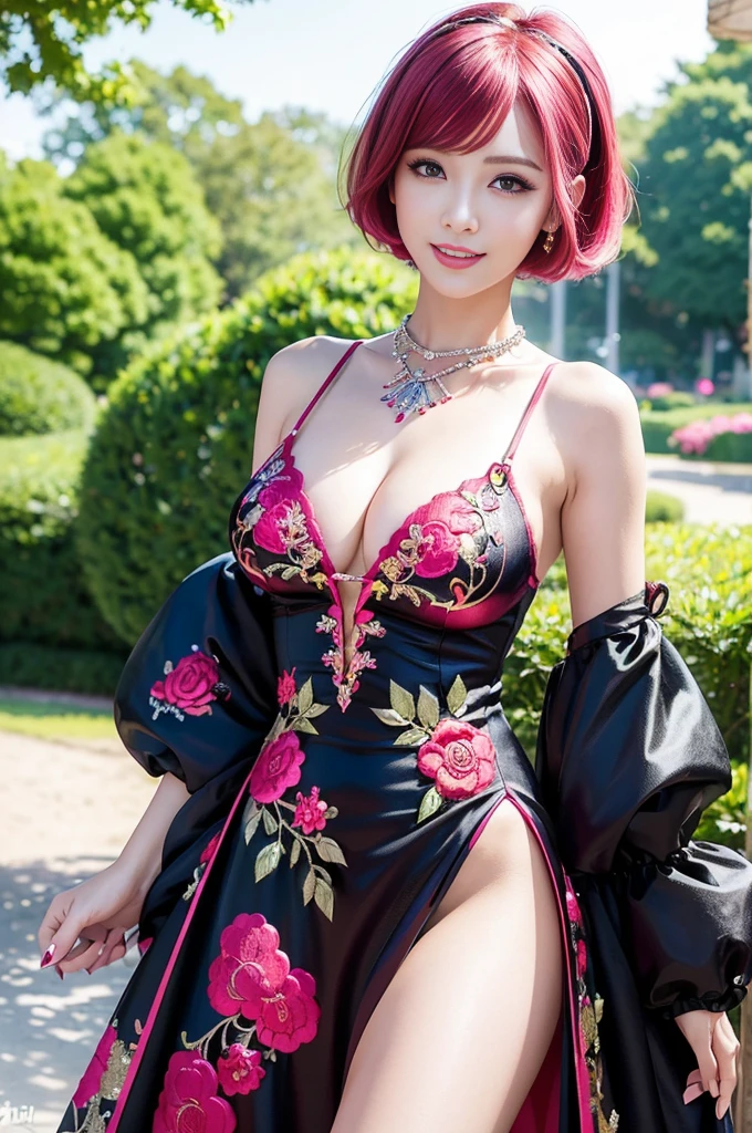 (masterpiece:1.4), (best quality:1.4), ultra high res, ultra high resolution, ((detailed facial features)), HDR, (realistic, photorealistic, photo-realistic:1.37), full body Esbian, sexy Vietnamese model, (-anime), vivid colors, ((vivid colors multicolor (red, pink) very short hair)), (happy smile), lip-gloss, long lashes, ultra detailed metallic makeup, defined eyebrows, wearing large sparkling colorful jewelery, wearing a red silk Paradise Kiss cosplay dress with black floral embroidery, ((vivid colors outfit)), vivid colors, look at the camera, cinematic light, large park background with trees, sweet and sexy pose