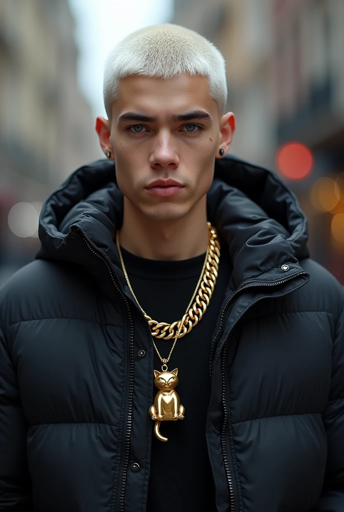 make a young man's fat face in 4K quality and short white hair on top on the side a gradient until bald, wearing a black winter jacket with oedra jewelry wearing a hood over his head,wearing a gold necklace with a cat on the pendant. as if parading