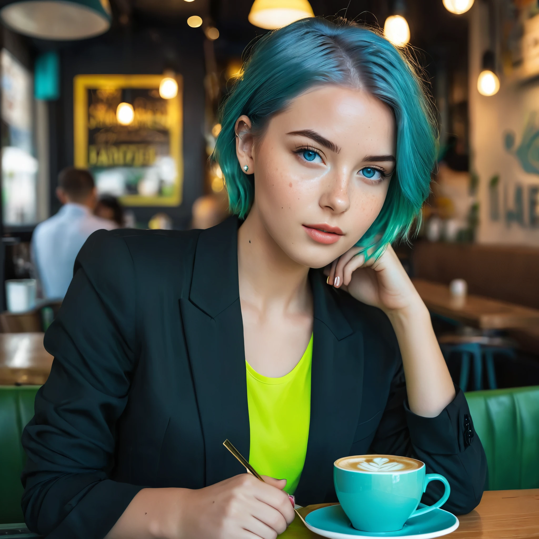 Woman 20 Years Old Nordic Ethnicity, short blue hair with a perfect face and light freckles, Blue-Green Eyes, NovaiBrew at a chic café, enjoying a coffee. The focus is on the coffee and her stylish outfit (((black blazer))) (((black blouse))), with the background slightly blurred to keep the attention on her. ((Color palette - turquoise, neon green, yellow shades))