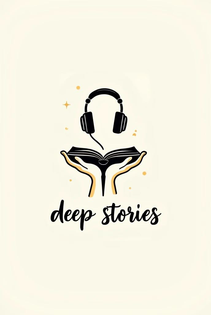 white black and yellow logo an open book with headphones on top, the book is held by a person&#39;s hands.  Striking image, sober and elegant. Below should be read in Spanish and in elegant handwritten type: Deep Stories 