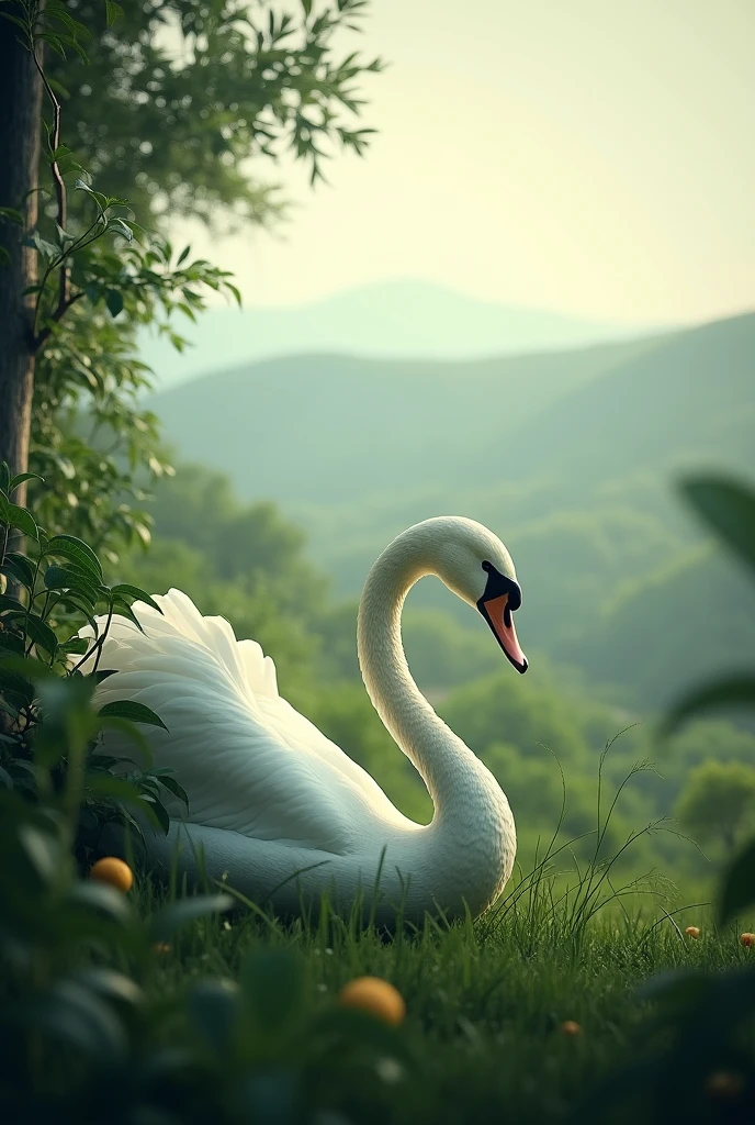 Image of a swan hiding among some bushes, observing in the distance.