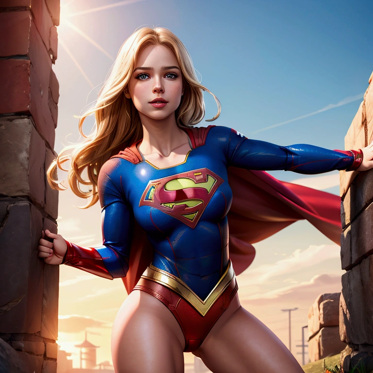 A realistic high quality image of Supergirl in a leotars thong, perky breasts