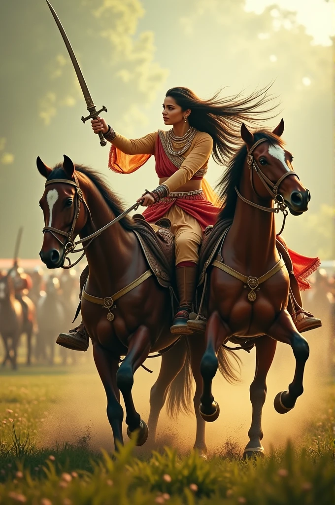 Rani Lakshmi Bai sword fighting on horseback: A dynamic scene of Rani Lakshmi Bai practicing sword fighting while riding two horses at once, set against the backdrop of a lush battlefield. Historical images in 9:16 ratio
