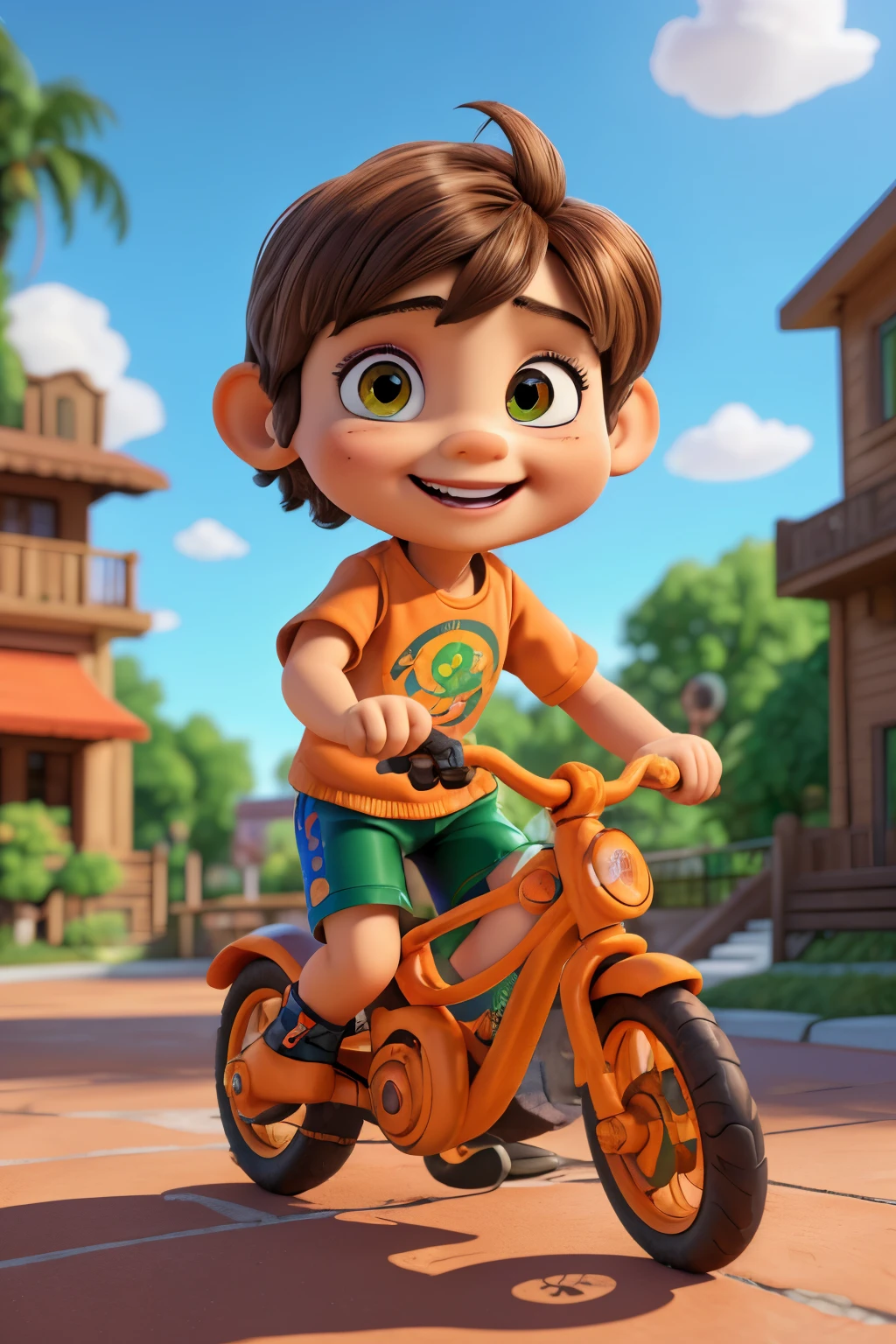 (best qualityer,4K,8k,high resolution,work of art:1.2),ultra detali,realisitic,portraite, a young boy, ***,beautiful detailed Brown eyes, detailed, happy in a beautiful sunny day , playing With a Orange bike, illustration style,swirly vibrant colors,warm hues,soft lighting,green garden background