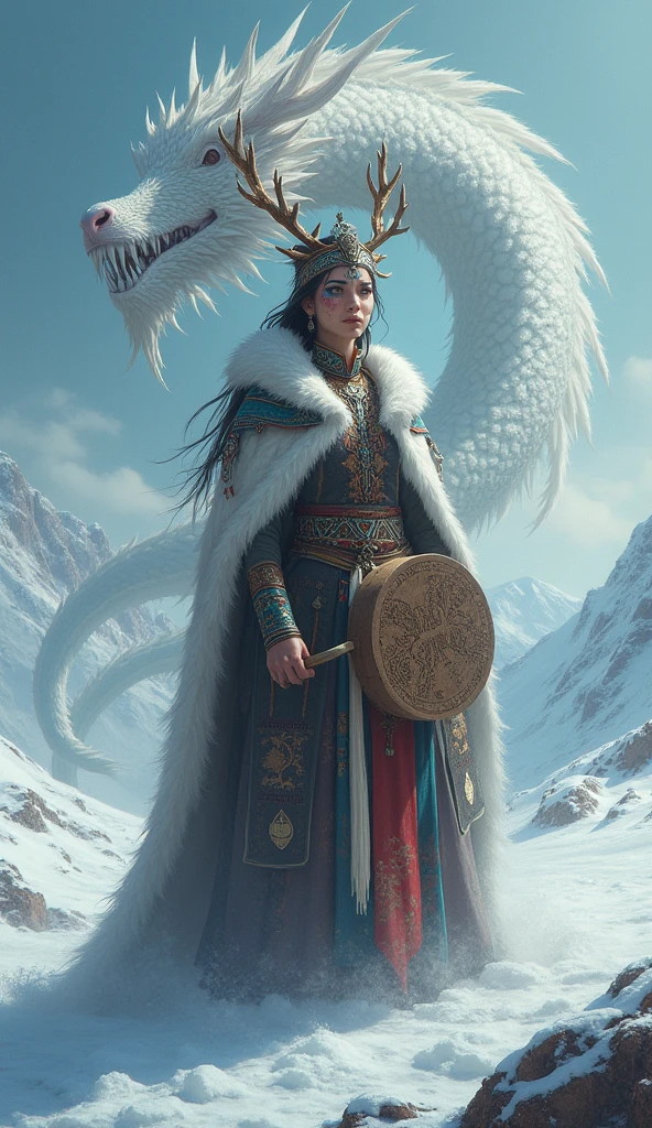 Mongolian Queen shaman deer antler winter clothing . shaman triangular shape drum. white dragon.