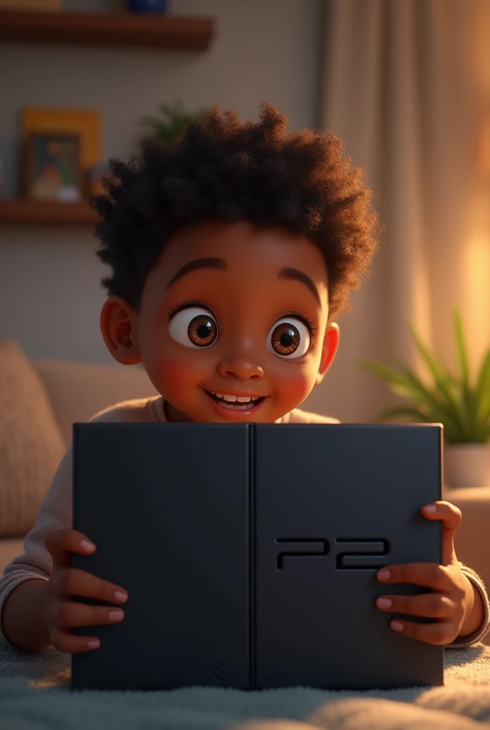 Dark-skinned boy opening a playstation 2