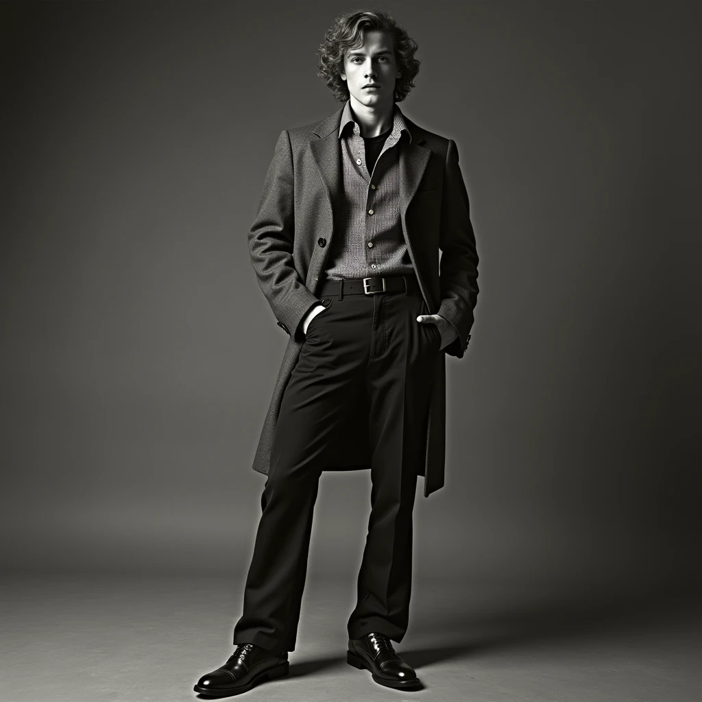 high fashion photography of a man wearing (retro 70s clothes),standing straight,hand on hip,looking at camera,high contrast,photo by Julia Margaret Cameron