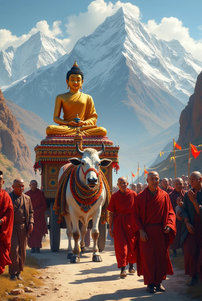 
A Tibetan procession. The procession is led by a bullock cart loaded with a large statue of Budda. He is followed by bald monks in red robes.
Families stand on the sidelines and cheer. The path is decorated with lots of garlands that carry small flags. The snow-covered mountains of the Himalayas can be seen in the background.