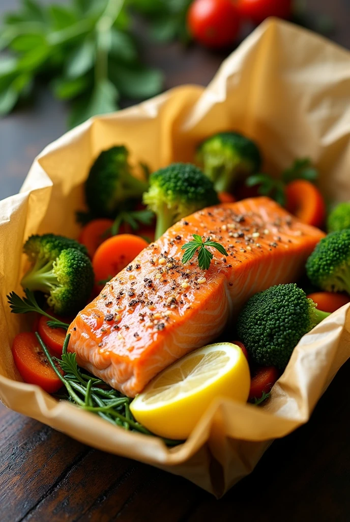 Create an image of this recipe: Salmon in Papillote with Vegetables Ingredients:
- Salmon fillets: 200 g - Carrot: 100 g - Broccoli: 100 g - Lemon: 1 unit - Olive oil: 10 ml
- Sal: 5 g - Pepper: 2 g Preparation:
1. Preheat the oven to 180°C.
2. Cut the carrot into thin strips and separate the broccoli into small florets..
3. Place a salmon fillet on a sheet of baking paper. Season with salt and pepper, and place the vegetables on top.
4. Squeeze the lemon juice over the salmon and vegetables..
5. Close the papillote and bake for 20-25 minutes., until the salmon is cooked.
6. Serve hot.