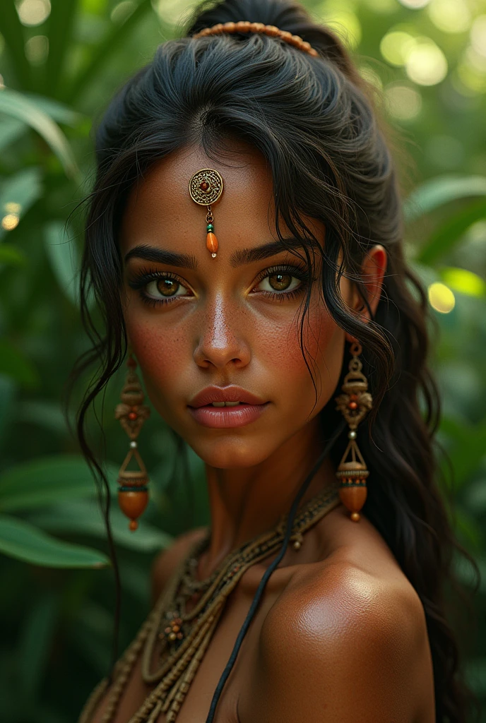 A young indigenous Amazonian woman, beautiful detailed face, long eyelashes, beautiful detailed eyes, beautiful detailed lips, wearing traditional Amazonian clothing, adorned with tribal jewelry, interacting with lush tropical forest, surrounded by vibrant greenery, sunlight filtering through the canopy, warm color tones, photorealistic, highly detailed, 4k, best quality, masterpiece, professional digital art