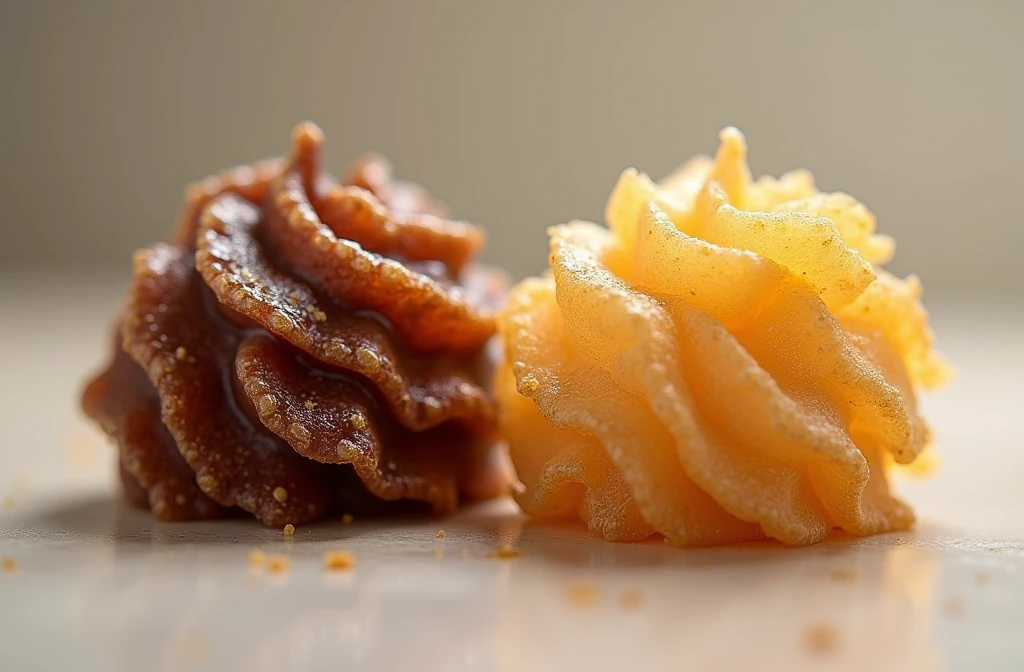 create image of two Kkul-tarae, known as Dragon's Beard Candy one with chocolate filling and the other with peanut filling. PICTURE REALISTIC