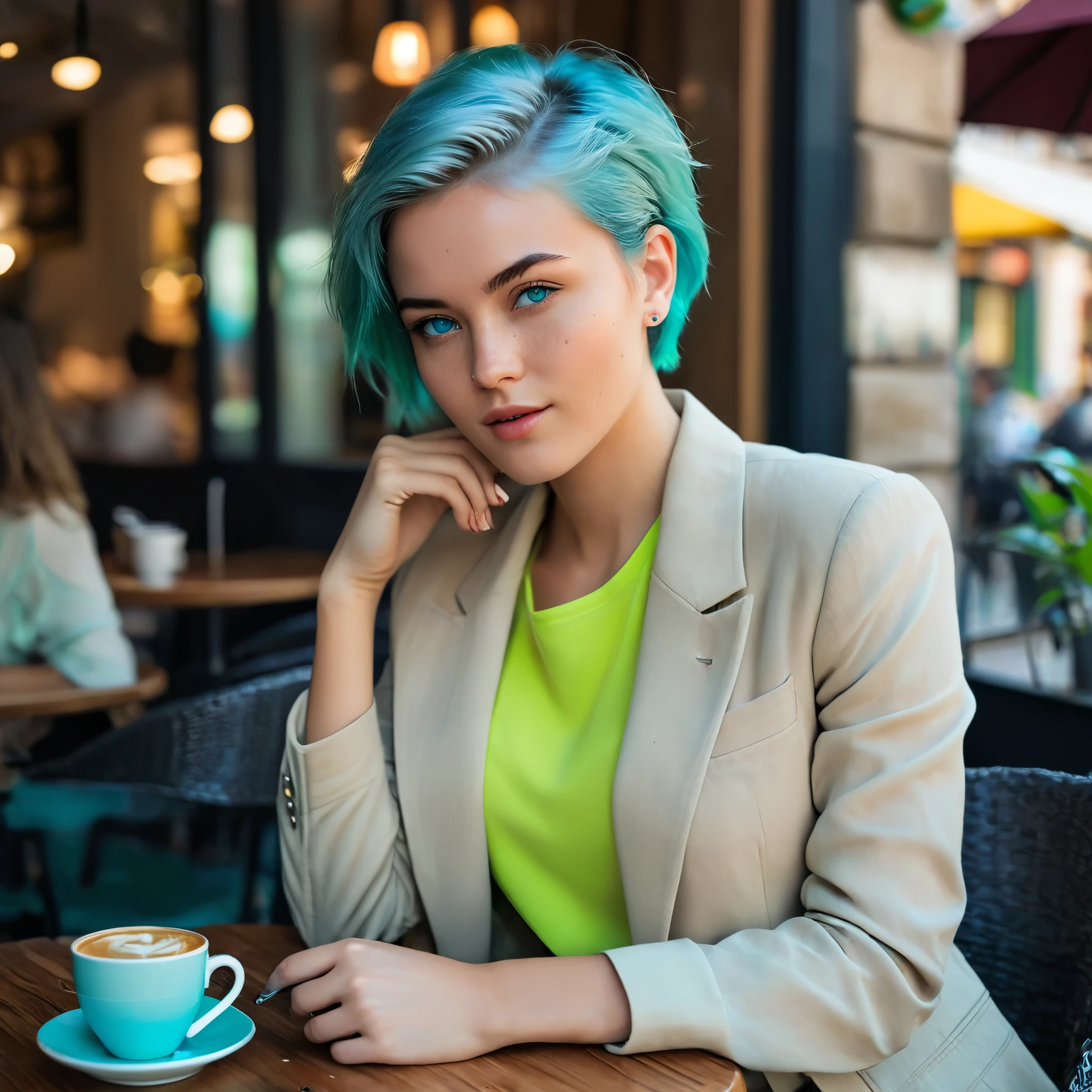 Woman 20 Years Old Nordic Ethnicity, short blue hair with a perfect face and light freckles, Blue-Green Eyes, NovaiBrew at a chic café, enjoying a coffee. The focus is on the coffee and her stylish outfit (((beige blazer))) (((black blouse))), with the background slightly blurred to keep the attention on her. ((Color palette - turquoise, neon green, yellow shades))