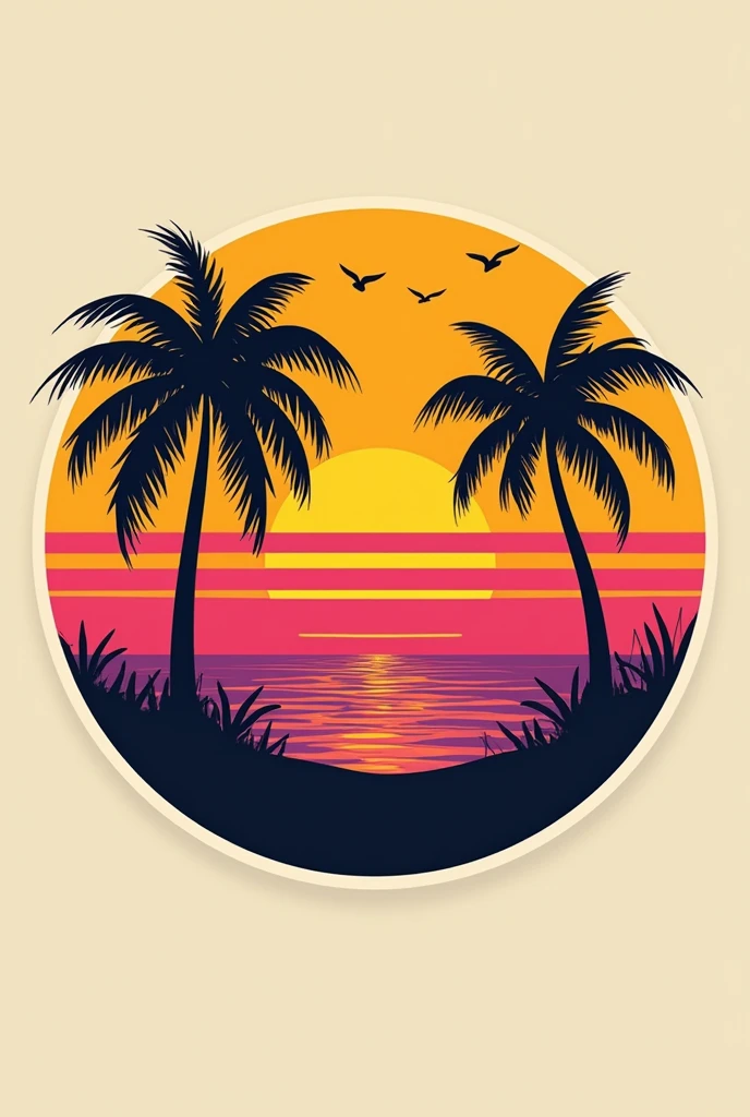 "A vibrant, retro-style sunset with bold, horizontal gradient lines in shades of orange, yellow, pink, and purple, forming a semi-circle. In front of the sunset, add solid black silhouettes of palm trees swaying gently in the breeze, with a few birds flying above. Frame the entire design with a geometric shape, a circle that has a bold white outline around it to ensure the design stands out and is unaffected when the background is removed. The overall aesthetic should evoke a nostalgic, vintage beach vibe.