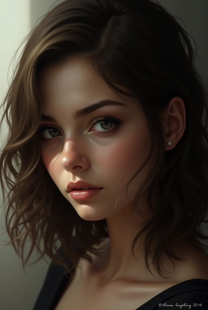 young brunette with shoulder length brown hair, with the ends half-curled, your eyes have a black color, also has a penetrating gaze