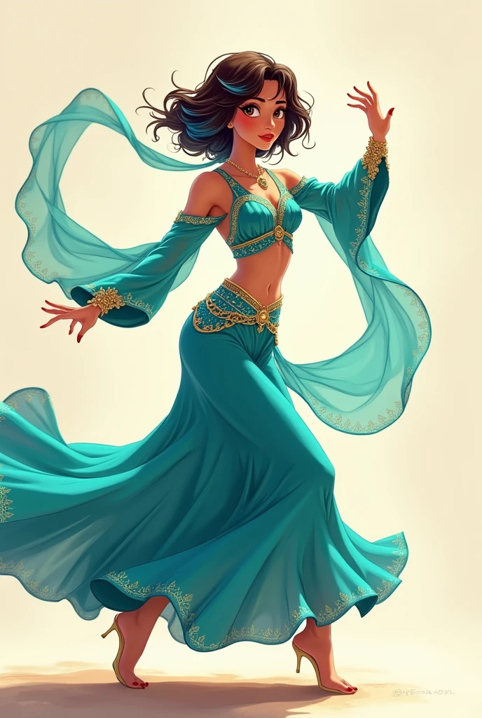 ((art animation 2D)) 20 year old woman with short wavy brown hair with dark blue dyed tips, with blue skin, Brown eyes, with good body, wearing a turquoise Arabic dancer costume, dancing
