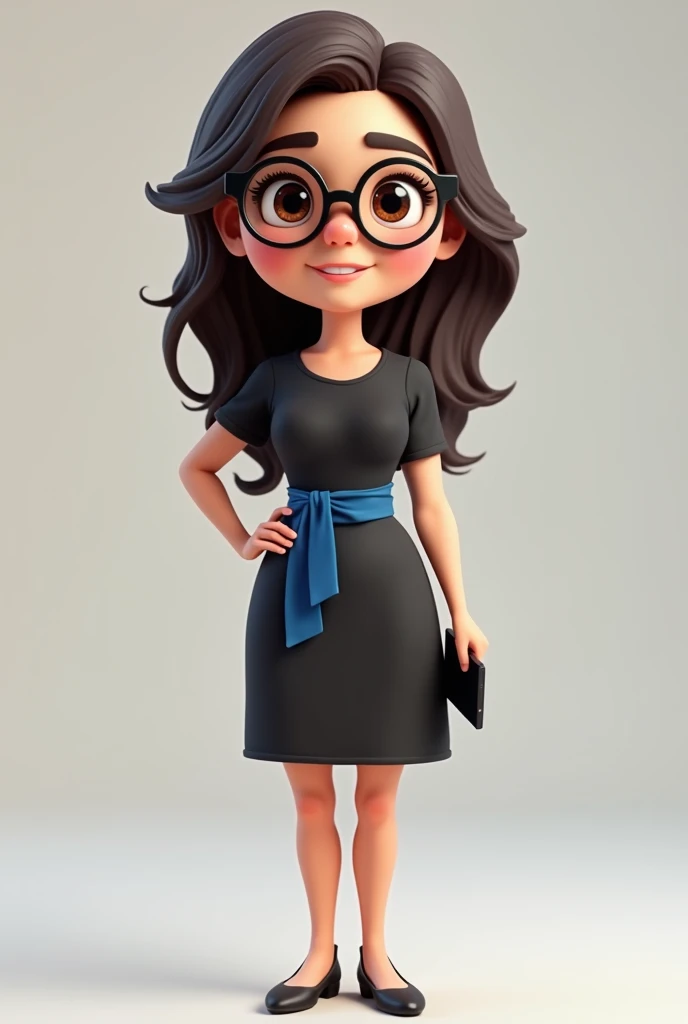 A full body 3D cartoon character. She has a friendly and charismatic appearance. The character is a young woman with fair skin, loose dark brown hair, thick eyebrows, large brown eyes and wears glasses. She is smiling confidently. The character is dressed formally, wearing a black dress with a blue sash at the waist. She is holding up a cell phone in one hand and the other is on her waist. Your posture and relaxed posture suggest confidence and ease. The background of the image is neutral, which highlights the character even more.