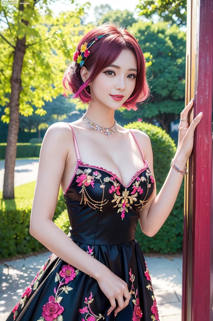 (masterpiece:1.4), (best quality:1.4), ultra high res, ultra high resolution, ((detailed facial features)), HDR, (realistic, photorealistic, photo-realistic:1.37), full body Esbian, sexy Vietnamese model, (-anime), vivid colors, ((vivid colors multicolor (red, pink) very short hair)), (happy smile), lip-gloss, long lashes, ultra detailed metallic makeup, defined eyebrows, wearing large sparkling colorful jewelery, wearing a red silk Paradise Kiss cosplay dress with black floral embroidery, ((vivid colors outfit)), vivid colors, look at the camera, cinematic light, large park background with trees, sweet and sexy pose