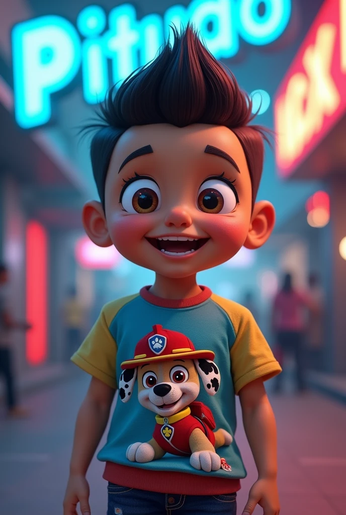 ??? with bean face and Benito Juarez hairstyle,with a Paw Patrol shirt and a blue LED sign that says pitudo