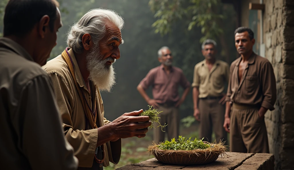 Create an ultra-realistic image depicting an elderly male healer, Vô Augusto, in a rural Brazilian setting, surrounded by both skeptics and believers. He stands confidently yet humbly, holding his bundle of healing herbs, while a group of doctors in early 20th-century attire observes him from a distance, their expressions ranging from curiosity to skepticism. In the background, a few previously ill patients now stand, looking healthy and grateful, subtly indicating the positive outcomes of Vô Augusto's work. The scene should capture the contrast between traditional healing and modern skepticism, with an atmosphere of quiet power and unspoken respect.