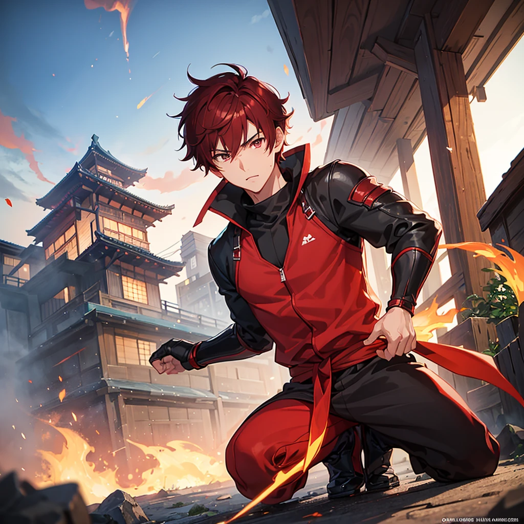 One boy with dark red hair short hair brown red ninja outfit anime in an Japanese old city handsome fire powers small burn marks