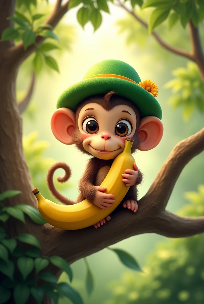 Monkey on a tree holding banana wearing a green hat smiling with a flower on its ears