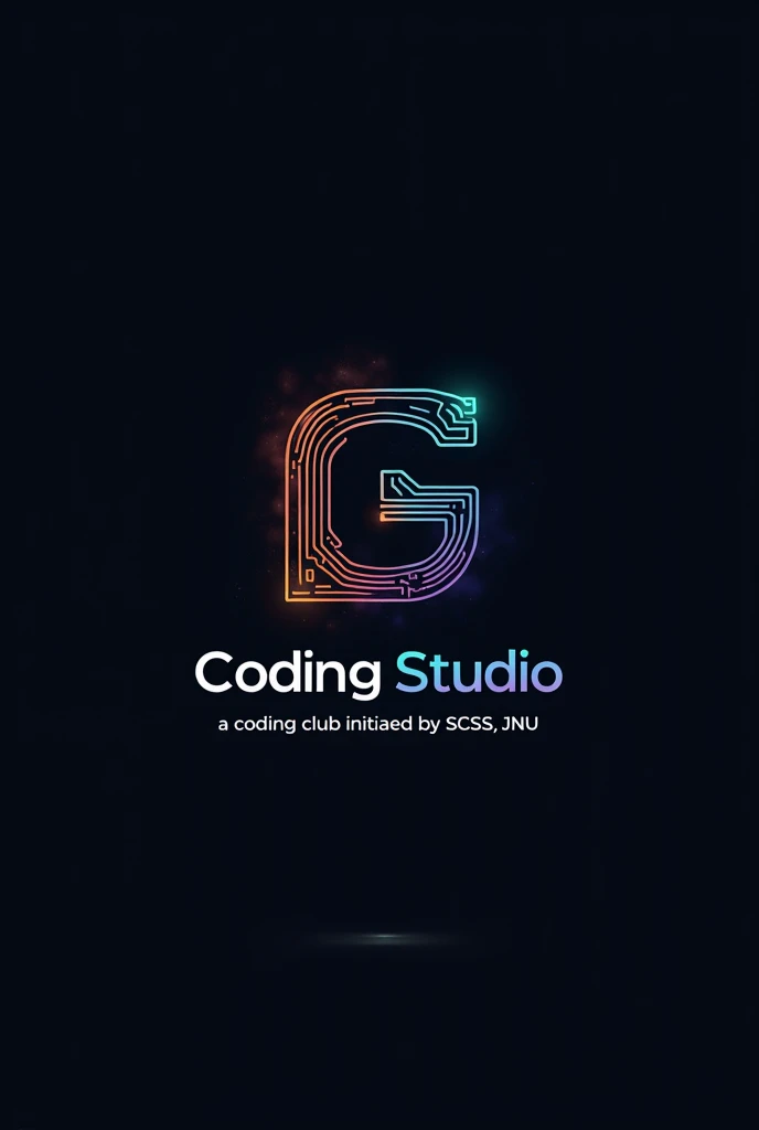 Design an intricate and visually compelling logo for 'Coding Studio,' a cutting-edge coding club. The logo should be central in the frame with a 1:1 ratio, ensuring balance and symmetry. Start with a sleek, futuristic symbol that represents coding—think a stylized combination of code brackets, an abstract circuit board, and a pixelated or binary pattern. These elements should interconnect, creating a complex yet cohesive design that evokes the world of programming and technology.Integrate the club's name, 'Coding Studio,' into the design, using a modern, bold font that complements the intricate symbol. The text should flow seamlessly with the logo, perhaps weaving through the design or being framed by it, adding depth and sophistication. Below the main design, include the tagline 'A Coding Club Initiated by SCSS, JNU' in a sleek, minimalist font that contrasts with the complexity of the main logo, ensuring readability without detracting from the overall design.Utilize a refined color palette, combining deep, tech-inspired hues like midnight blue, graphite gray, or obsidian black with vibrant accents like neon blue, orange, or cyber green. The colors should create a dynamic contrast, highlighting the intricacies of the design. The final logo should be polished, intricate, and memorable, reflecting the club’s innovative spirit and dedication to coding.