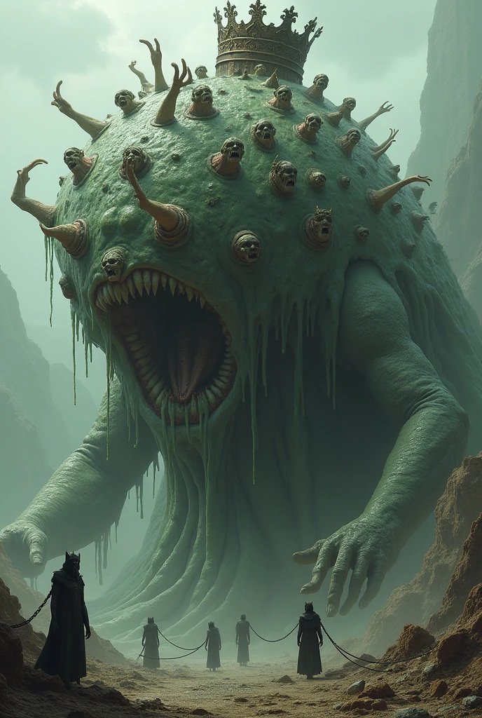 Create a monster "Slime" amorphous giant made of the flesh of several rotting humans with a rusty crown with several souls trapped in the crown