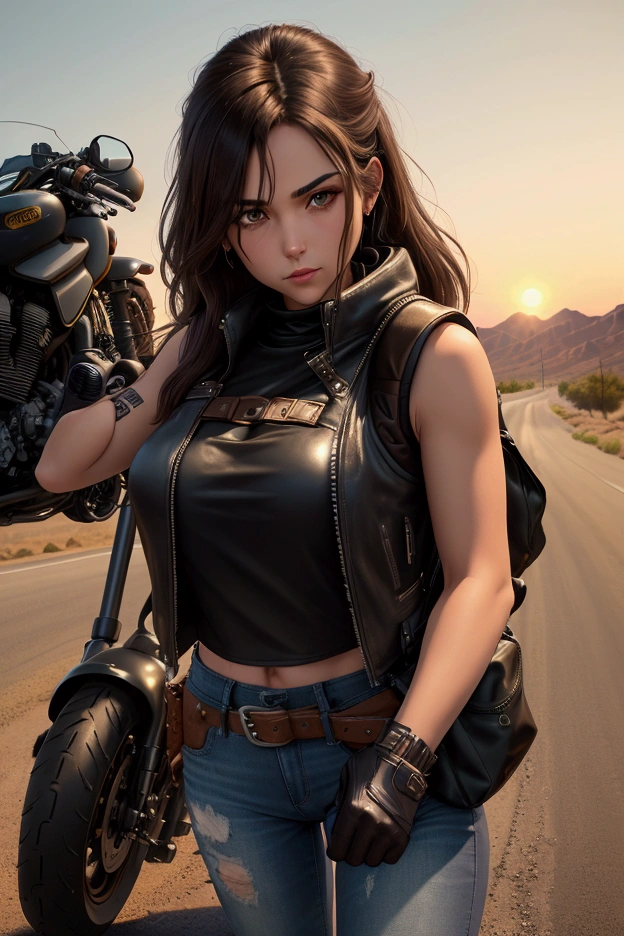 a brunette woman with shoulder length hair, brown-eyed, riding a black custom motorcycle , she is wearing a sleeveless leather vest, jeans and black boots, on his back a khaki-colored modular military backpack the scene is an asphalt road with vultures devouring a dead dog, the landscape is semi-arid with cracked soil and failed fences, The sun is almost setting