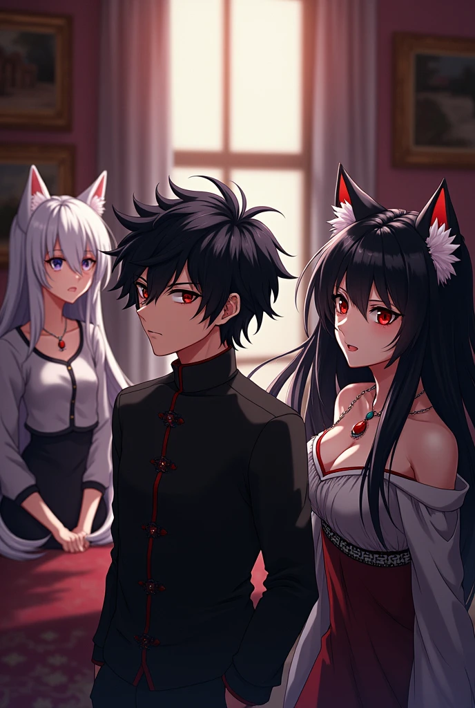 Anime boy with black hair and red eyes in room with anime woman with long black white hair and red eyes and cat ears Anime girl with white hair and cat ears watching angrily 