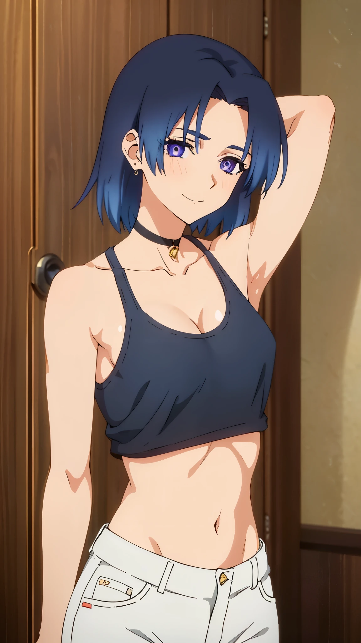 tall girl, 1girl, anime artstyle, masterpiece, highres, solo, 8k, detailed, perfect face, best quality, (ultra high quality), looking viewers, (armpit), collarbone, bare arm, (small breast), cleavage, dark blue hair, gradation hair color middle parted hair, short hair, violet eyes, sharp eyes, belly, stomach, navel, abs, earrings, chocker, crop tanktop, mini short, denim short, thighs, slim body, (upper body), smile, blush, at forest, hands up