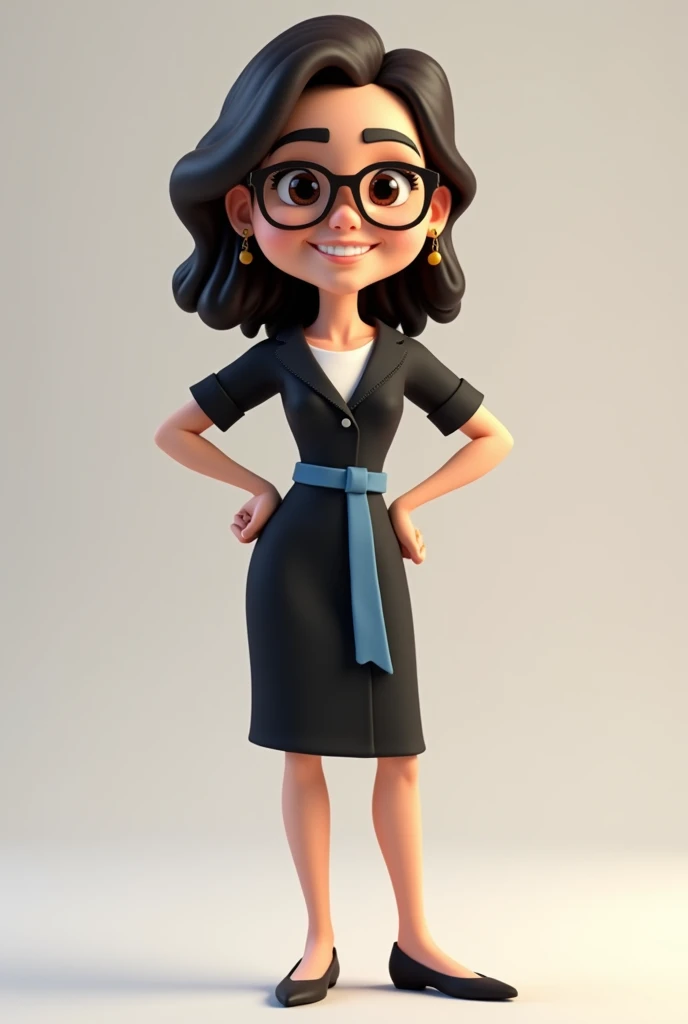 A full body 3D cartoon character. She has a friendly and charismatic appearance. The character is a young woman with fair skin, loose dark brown hair, thick eyebrows, large brown eyes and wears glasses. She is smiling confidently. The character is dressed formally, wearing a black dress with a blue sash at the waist. She is holding up a cell phone in one hand and the other is on her waist. Your posture and relaxed posture suggest confidence and ease. The background of the image is neutral, which highlights the character even more.