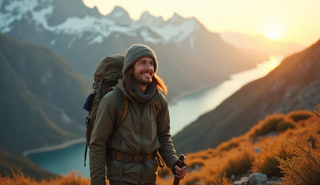 (Masterpiece) (highly detailed) Realistic1.6 5 traveller trekking the mountain with backpack and stick to get the best view of mountain happy, Morning glow and sunlight real photography 8k uhd