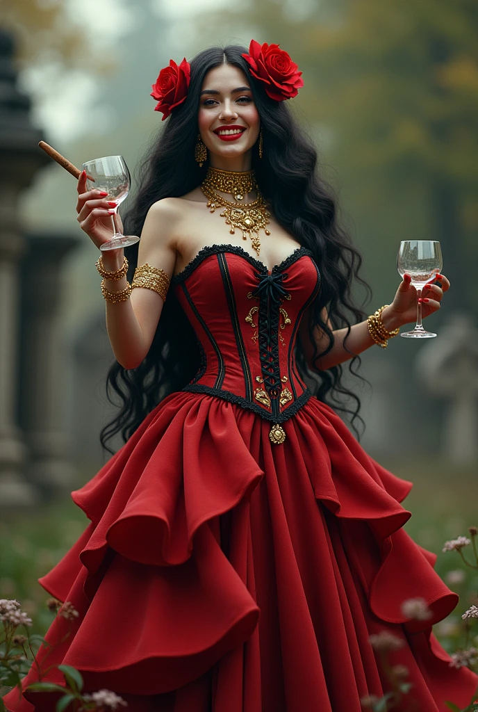 Digital illustration featuring a dark, Big Busty gothic style. The layout centers on a woman Lady Dimitrescu with pale skin, dark hair, and striking yellow eyes. She is dressed in an elegant, off-shoulder cream gown adorned with a large red rose on the left side of her chest. She wears a wide-brimmed black hat and holds a glass of red wine in her right hand. Her left hand, partially hidden, reveals long, sharp claws. The background is dimly lit with three candles on the wall, casting a warm glow. The overall atmosphere is eerie and mysterious, enhanced by the subtle bloodstains on her dress. The artist's signature is visible in the bottom right corner. anime, anatomically correct, super detailed, high quality, 4K, high details, super detailed, 4k