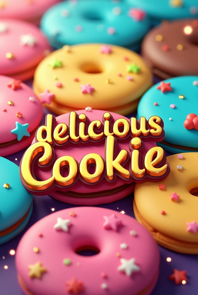 Design a logo with brightly colored cookies, and inside something related to cookies appears, with fun and youthful style with bright sparkles, that has the name in the center "delicious cookie" in Spanish with italics and gold color