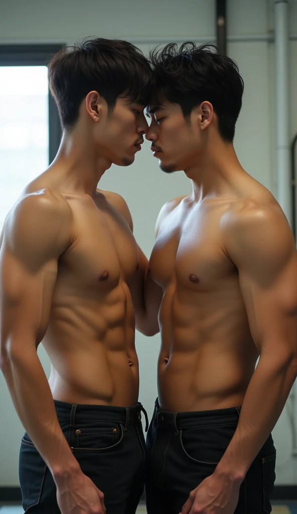 Photo Quality、3 handsome men、Mash Hair、Japanese male, 、kiss and cuddle each other, bulging crotch, Completely naked、Full nudity、erection、Huge penis、Highest quality、Realistic、beautiful、School gym、Completely naked、Blowjob