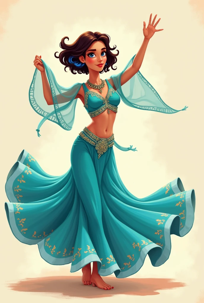 ((art animation 2D)) 20 year old woman with short wavy brown hair with dark blue dyed tips, with blue skin, Brown eyes, with good body, wearing a turquoise Arabic dancer costume, dancing