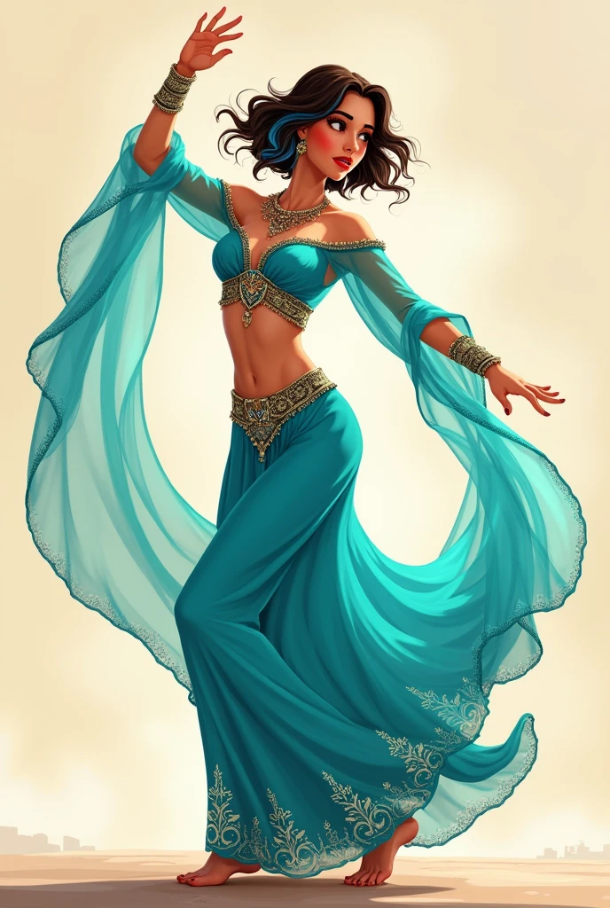 ((art animation 2D)) 20 year old woman with short wavy brown hair with dark blue dyed tips, with blue skin, Brown eyes, with good body, wearing a turquoise Arabic dancer costume, dancing