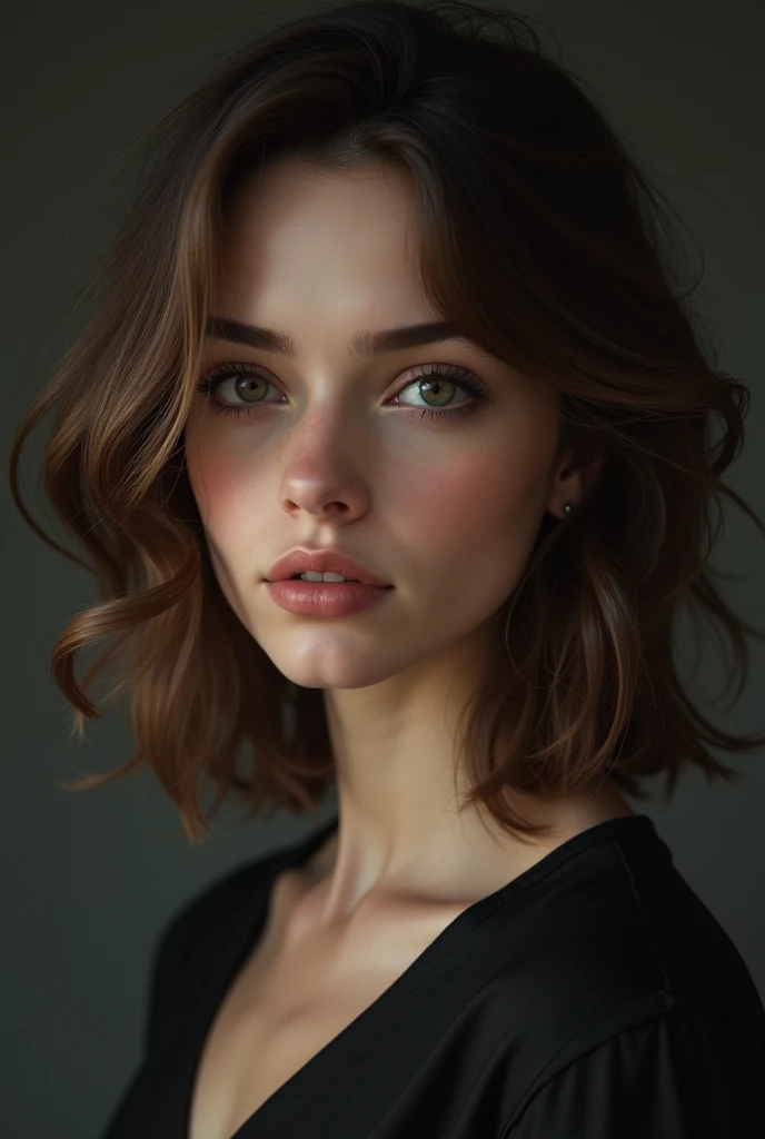 young brunette with shoulder length brown hair, with the ends half-curled, your eyes have a black color, also has a penetrating gaze