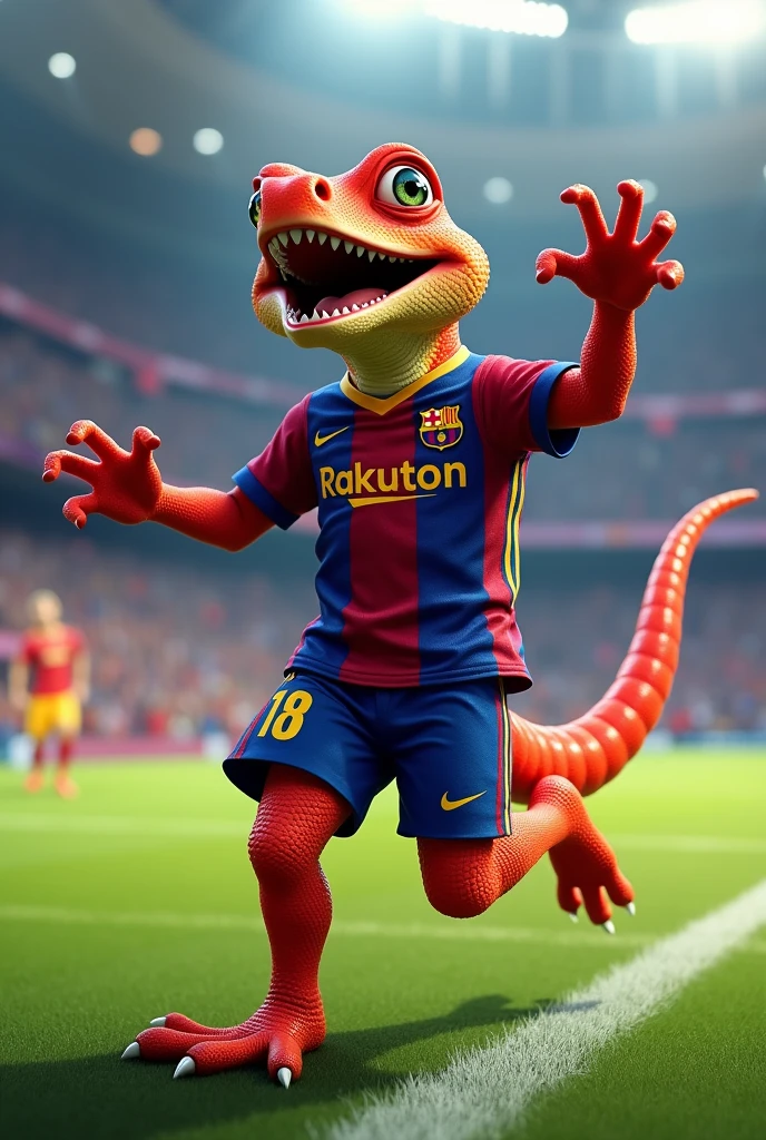 red lizard celebrating a goal in the last minutes with the Barcelona shirt and shorts