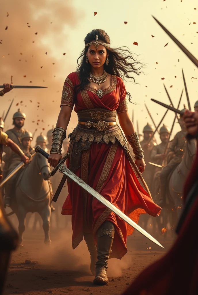 Rani Lakshmi Bai in battle: A image of her leading soldiers in a dramatic battle scene, swords clashing, with her wearing traditional regal attire and armor. Historical images in 9:16 ratio