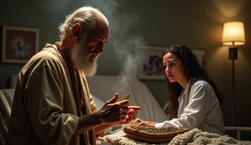 Create an ultra-realistic image of an intense and emotional scene in a hospital room. The elderly male healer, Vô Augusto, is seen standing at the bedside of a critically ill patient, holding his bundle of herbs with calm confidence. A renowned and skeptical doctor stands nearby, observing Vô Augusto with a mix of doubt and curiosity. The room is filled with a serene atmosphere, with the healer's firm and faithful voice seemingly resonating through the image. The patient, who was once at death's door, begins to show subtle signs of improvement, bringing a sense of hope to the scene. The doctor's expression gradually shifts from skepticism to one of respect and awe, realizing the power of Vô Augusto's benzimento. The overall mood of the image should convey a powerful contrast between science and faith, with a deep sense of healing and transformation.